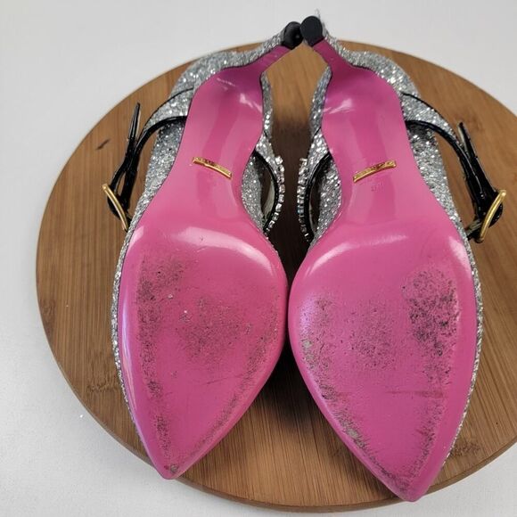 Gucci Calfskin Glitter Slyvie Mary Jane Pumps Argento Women Heels EU 38 US 7.5 - Picture 11 of 13